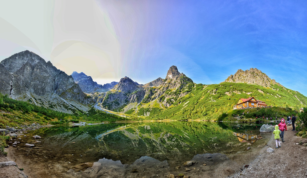 Lago, Montanhas, Panorama, Pessoas