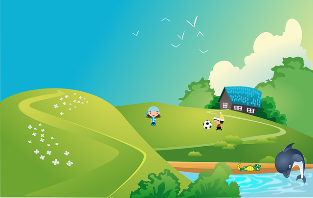 Free house children lake illustration
