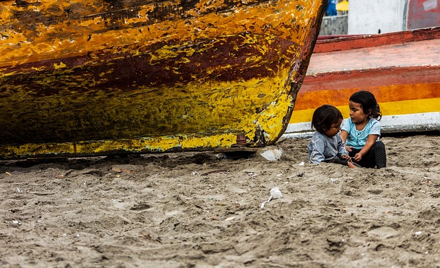 kids, sand, boat, coast, seashore, wooden boat, children, young, siblings, childhood, playing, contrast