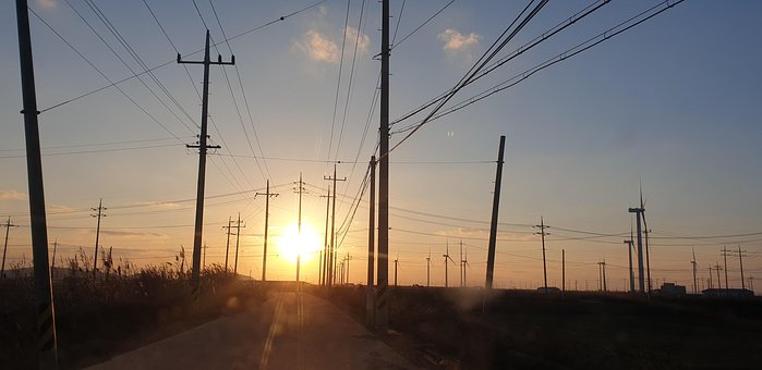 Poste De Energía, Atardecer, Paisaje