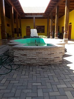 Fuente, Casa, Sol, Azul, Agua