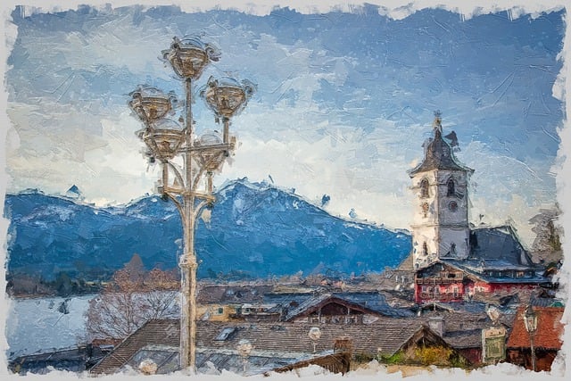 Free town mountains painting illustration