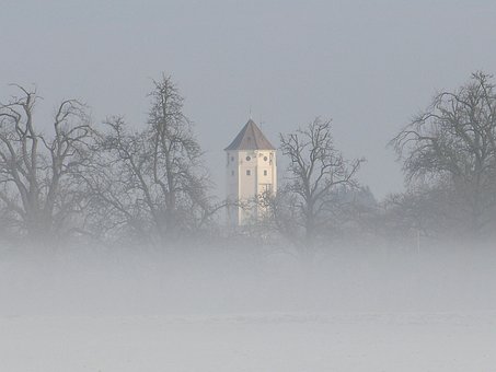 Tåge, Landskab, Vandtårn, Træer, Efterår