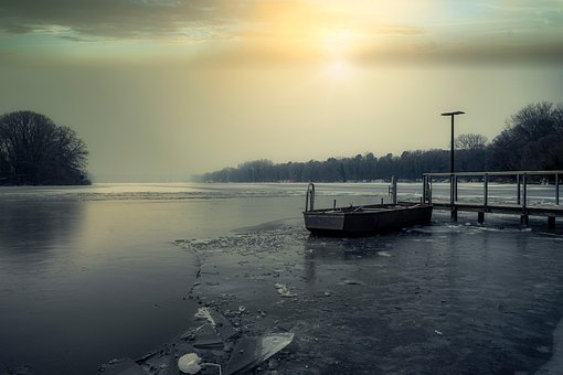 See, Eis, Frost, Winter, Boot, Sonne