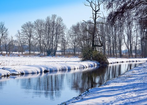 Rivier, Bank, Winter, Sneeuw, Bomen