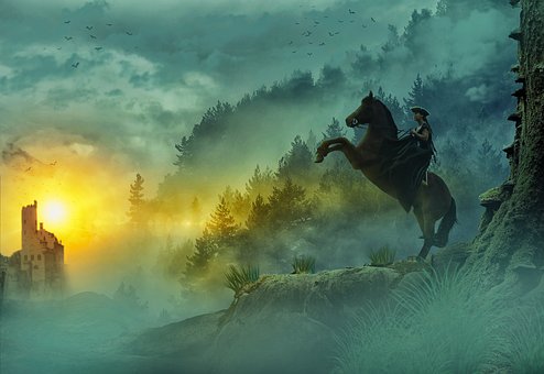 Hest, Solnedgang, Landskab, Fantasi