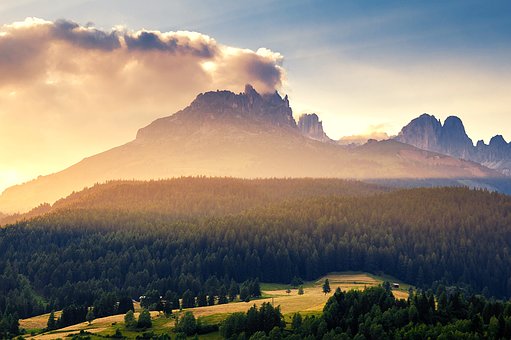Árboles, Montañas, Amanecer, Luz De Sol
