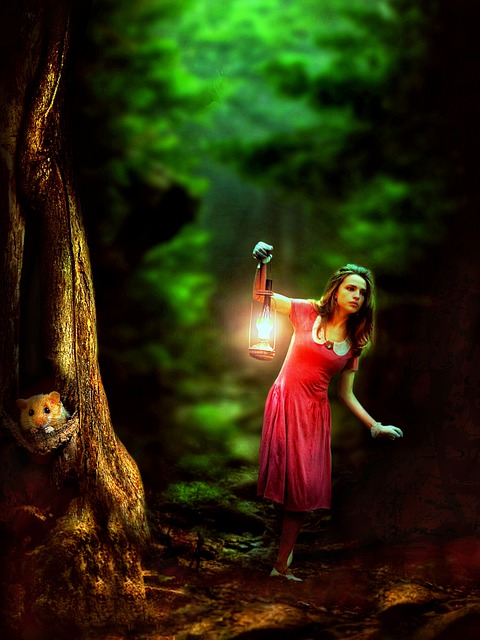 Mädchen, Lampe, Wald, Licht, Gaslampe