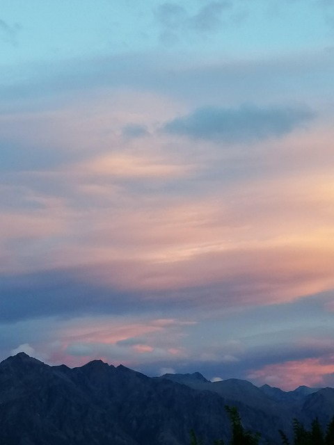 Montañas, Atardecer, Azul, Naranja