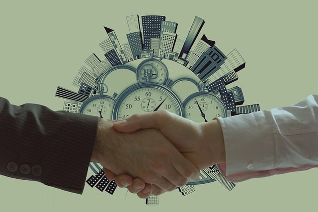 Free handshake clock buildings illustration