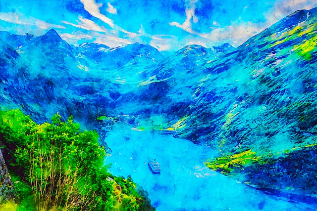 Free mountains sea painting illustration