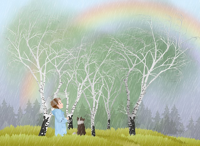 Junge, Regen, Bäume, Regenfall, Kind