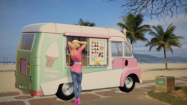 woman, model, ice cream, truck, beach, ocean, girl, fashion, female, pose, summer, attractive, blonde, young, sunshine, hair, women, pink, glamour, style