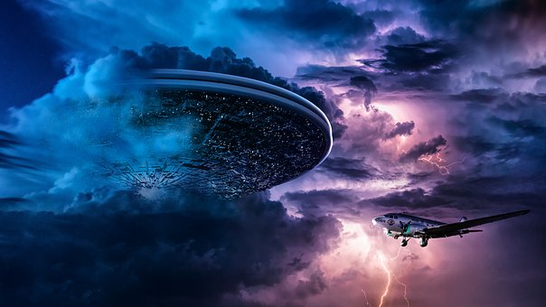 Rumskib, Fly, Lyn, Skyer, Himmel, Ufo