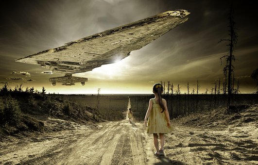 Barn, Vej, Rumskib, Fotomontage, Ufo