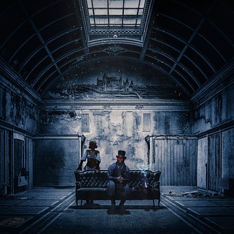 Paar, Zimmer, Steampunk, Dunkel