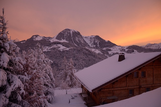 Chalé, Neve, Montanhas, Pôr Do Sol, Sol