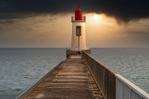 Farol, Cais, Mar, Pôr Do Sol, Nuvens