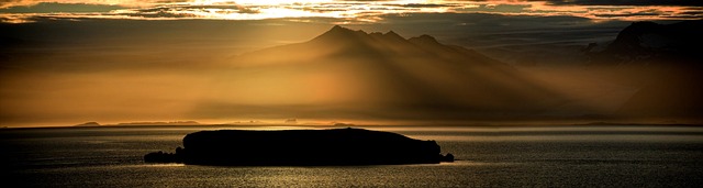 Panoráma, Západ Slunce, Island, Záliv
