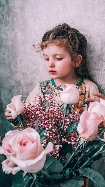 Meisje, Portret, Bloemen, Boeket, Rozen
