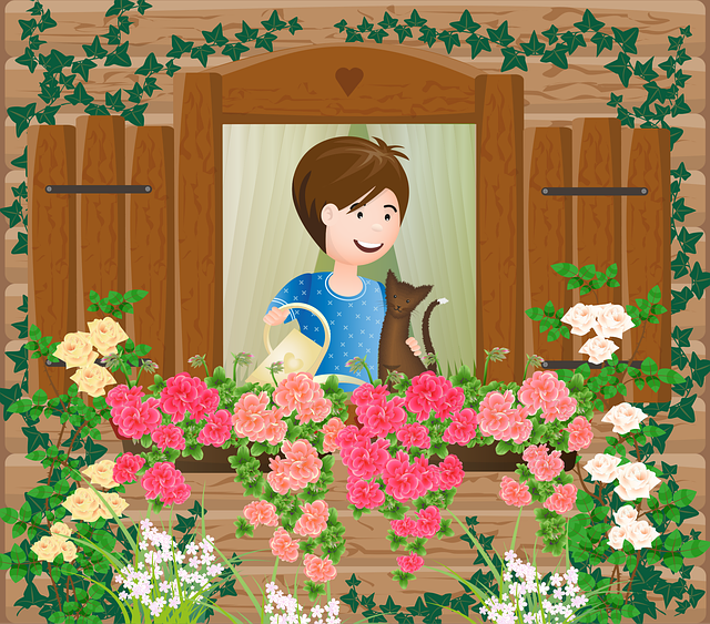 Free girl window flowers vector