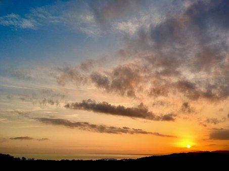 Atardecer, Naranja, Cielo, Nubes, Sol