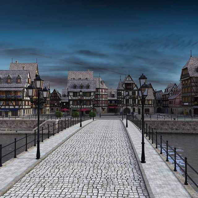 Free historic center bridge half-timbered house illustration