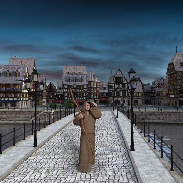 Free bridge monk fantasy illustration
