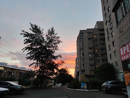 Solnedgang, By, Urban, Arkitektur