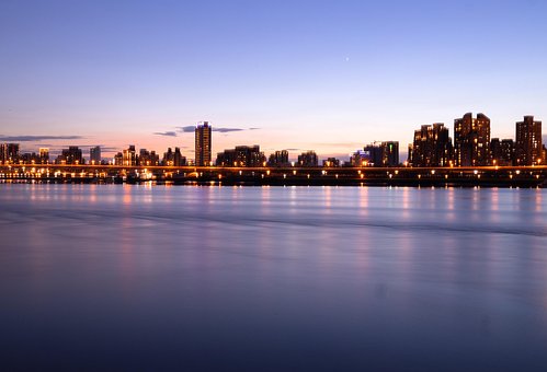 Edifícios, Mar, Oceano, Horizonte