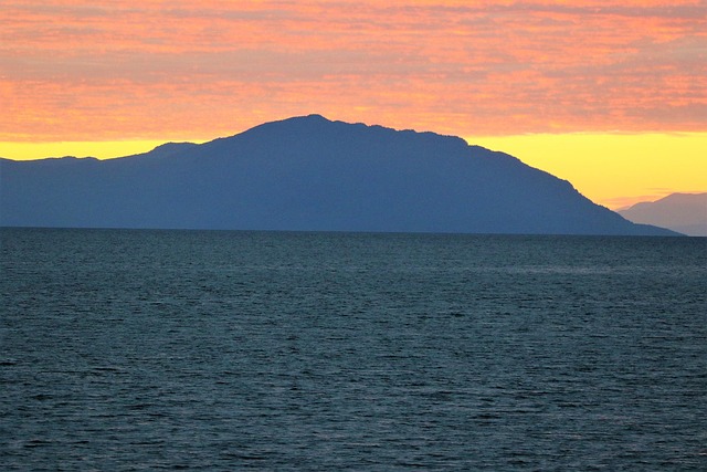 Solnedgang, Hav, Bjerg, Natur, Landskab