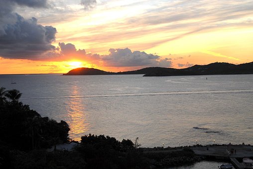 Solnedgang, Strand, Hav, Bølger, Skyer