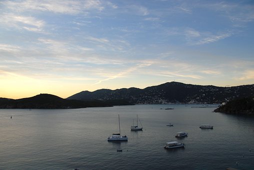Solnedgang, Hav, Både, Bjerge, Ocean