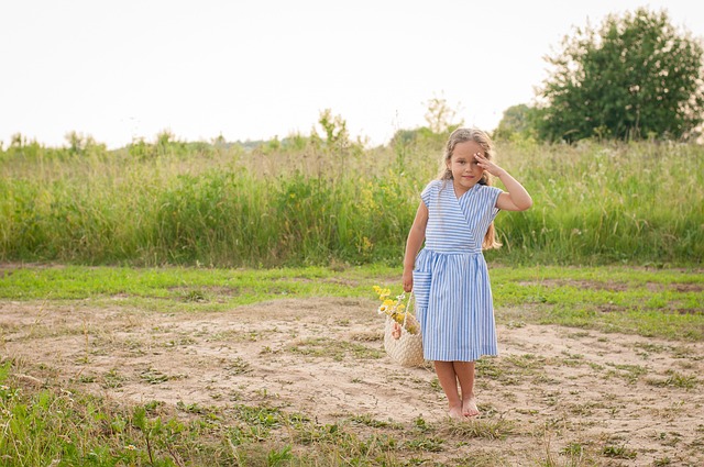 girl, model, dress, basket, meadow, grass, nature, kid, little girld, pose, posing, fashion, style, summer, girl portrait