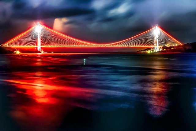 Brücke, Fluss, Nacht, Lichter, Struktur