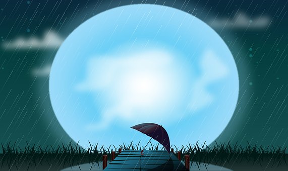 Guarda-Chuva, Chuva, Lua, Noite, Cais