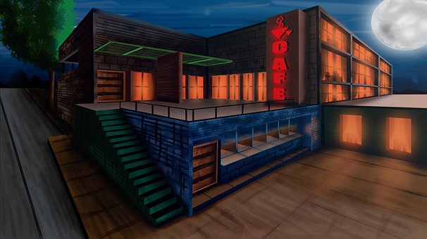 Construção, Cafeteria, Lua, Noite, Luzes