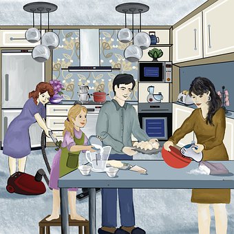 Familie, Küche, Zeichnung, Skizzieren
