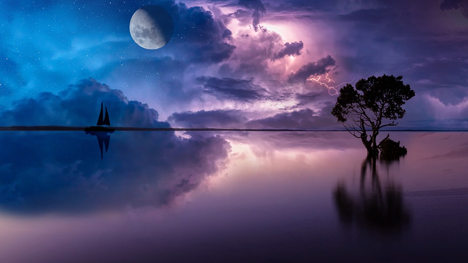 Lake, Moon, Night, Landscape, Reflection, Background