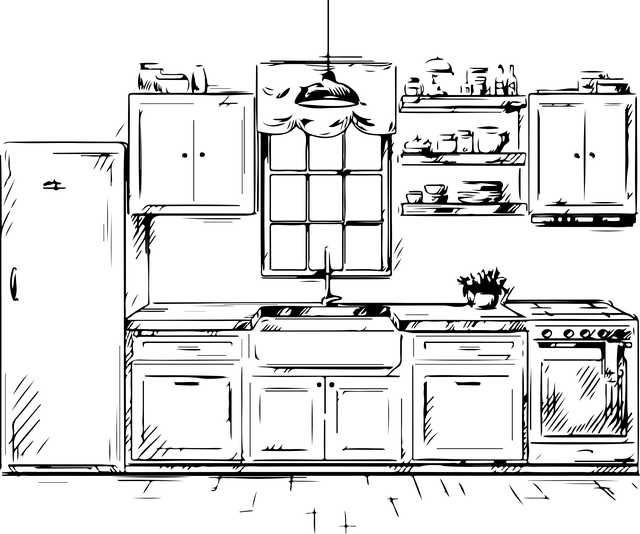 Küche, Innere, Zimmer, Skizzieren, Möbel
