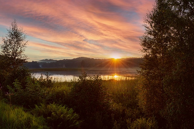 Sø, Bjerge, Solnedgang, Natur, Vand