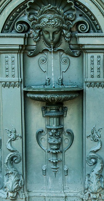 Escultura, Rosto, Fonte, Agua, Metal