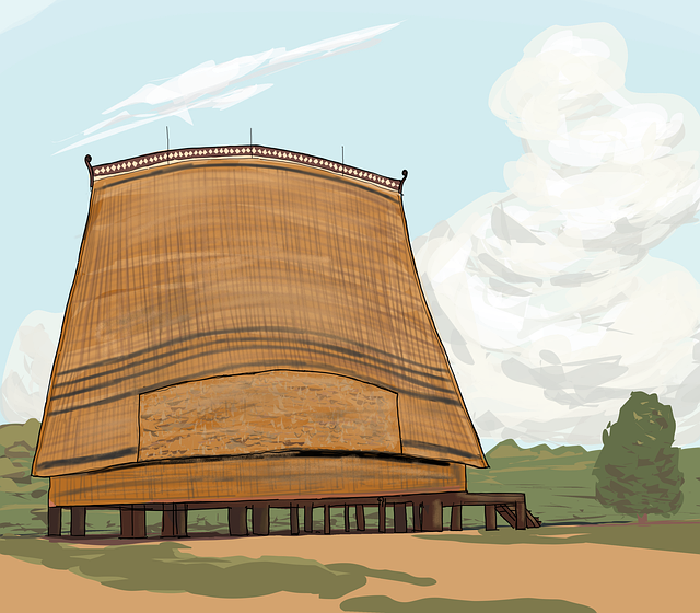 Free wooden house thatched roof vietnam illustration