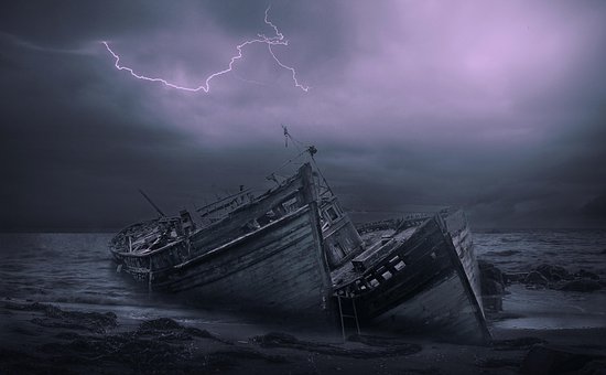 Shipwreck, Ocean, Thunderstorm, Sea