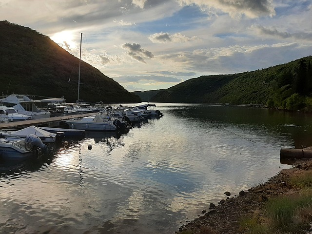 Solnedgang, Fjord, Kroatien, Lim, Både