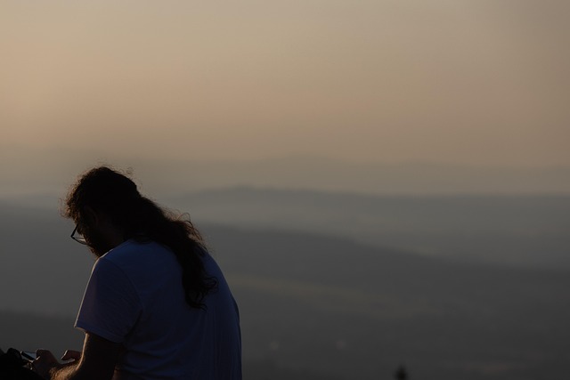 Montaña, Hombre, Atardecer