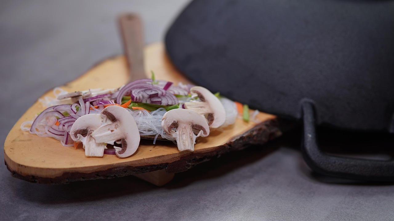 mushrooms, vegetables, wok, cooking, onions, carrots, bean sprouts, food, organic, asian cuisine, cast iron, cast iron wok, wooden board, closeup, wok, wok, wok, wok, wok