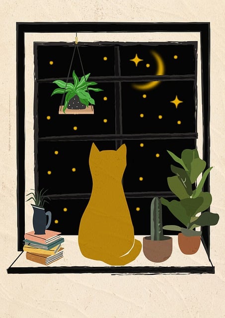 Download free HD stock image of Cat Window Free cat window night illustration