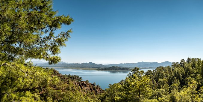 See, Bäume, Berge, Insel, Wasser, Himmel