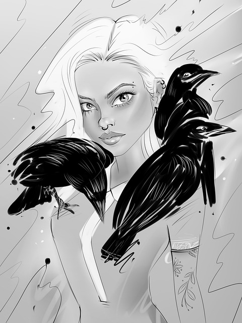 Garota, Raven, Corvos, Sombrio, Ink